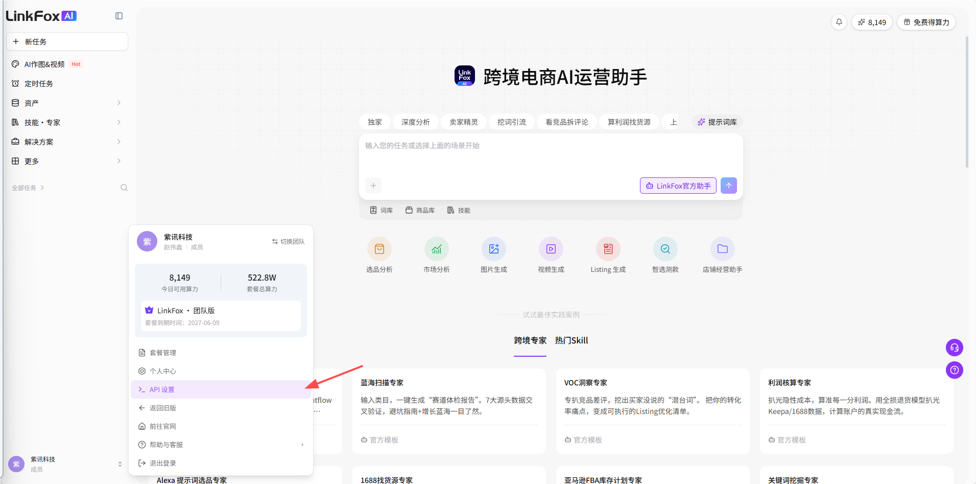 账户或团队菜单中的 API 设置入口