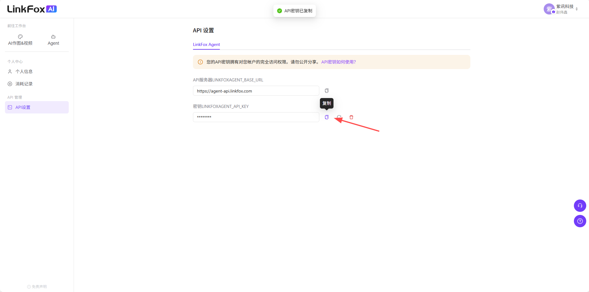 复制 API Key 成功