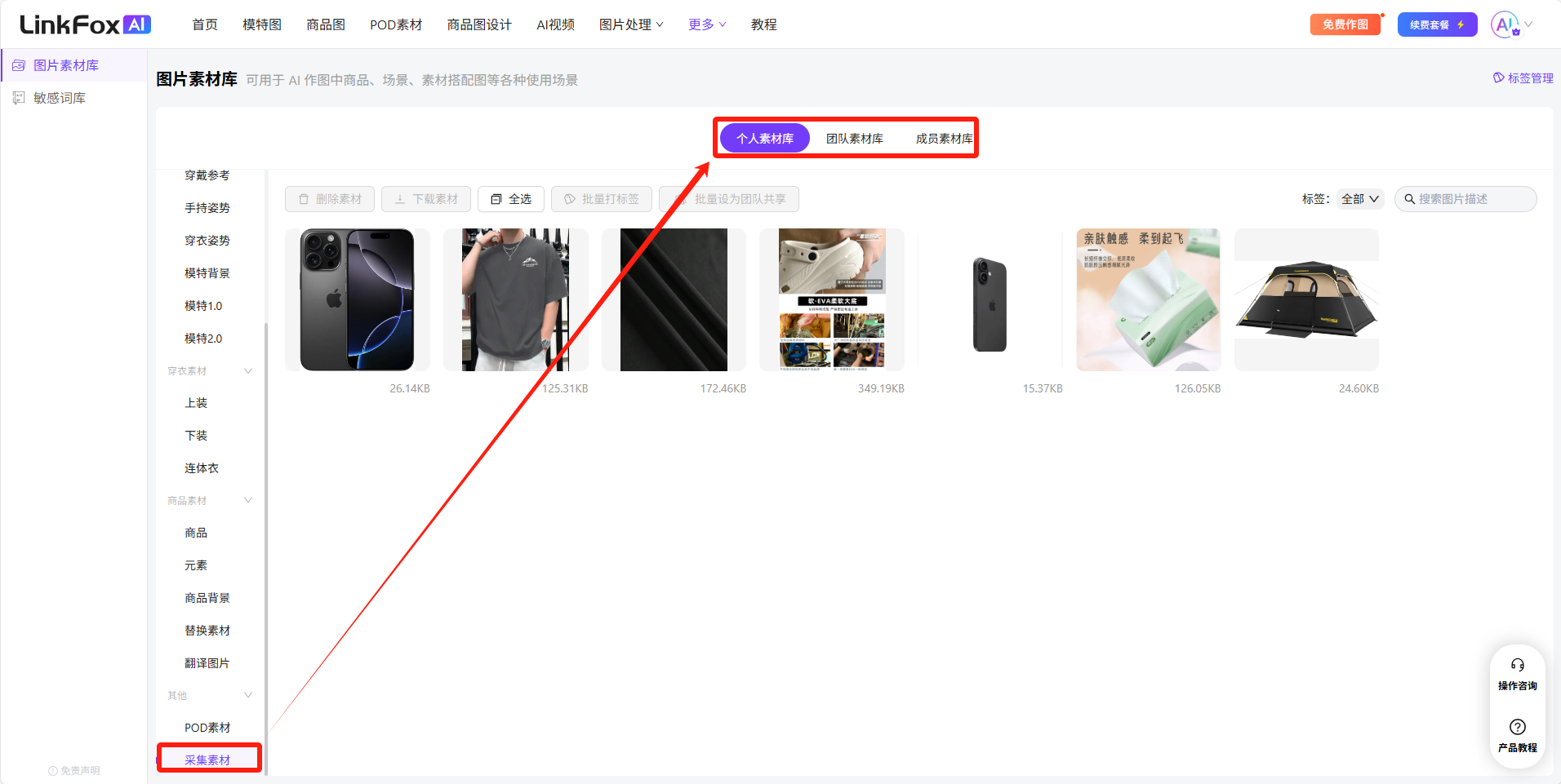 图片展示了LinkFoxAI平台的图片素材库页面。页面左侧有素材分类栏，如商品、元素、商品底图等。右侧是图片展示区，有手机、衣服、鞋子等商品图片。页面上方有“图片素材库”“模板素材库”“成员素材库”等标签，其中“个人素材库”“团队素材库”“成员素材库”被红色框突出显示。页面右上角有“标签管理”按钮。该图与上下文关系紧密，直观呈现了文档中提到的在LinkFoxAI页面选择【更多】进入【素材库】后，可浏览个人、团队、成员素材库的内容。