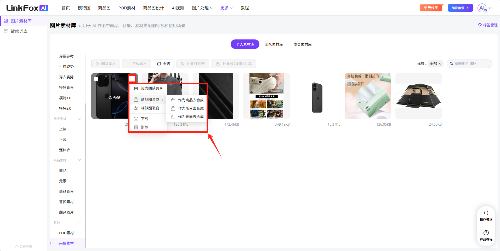 图片展示的是LinkFoxAI平台图片素材库页面。左侧为素材分类导航栏，有商品图、模板图等分类。右侧是图片展示区，有商品图、元素等图片。图片中商品图区域有红框突出显示，点击商品图可弹出操作菜单，包含“商品图合成”“相似图裂变”“下载”“删除”等操作选项，其中“商品图合成”“相似图裂变”“下载”选项被红框标注。该图与上下文介绍的在LinkFoxAI页面浏览采集内容、对商品素材执行操作等内容相关。