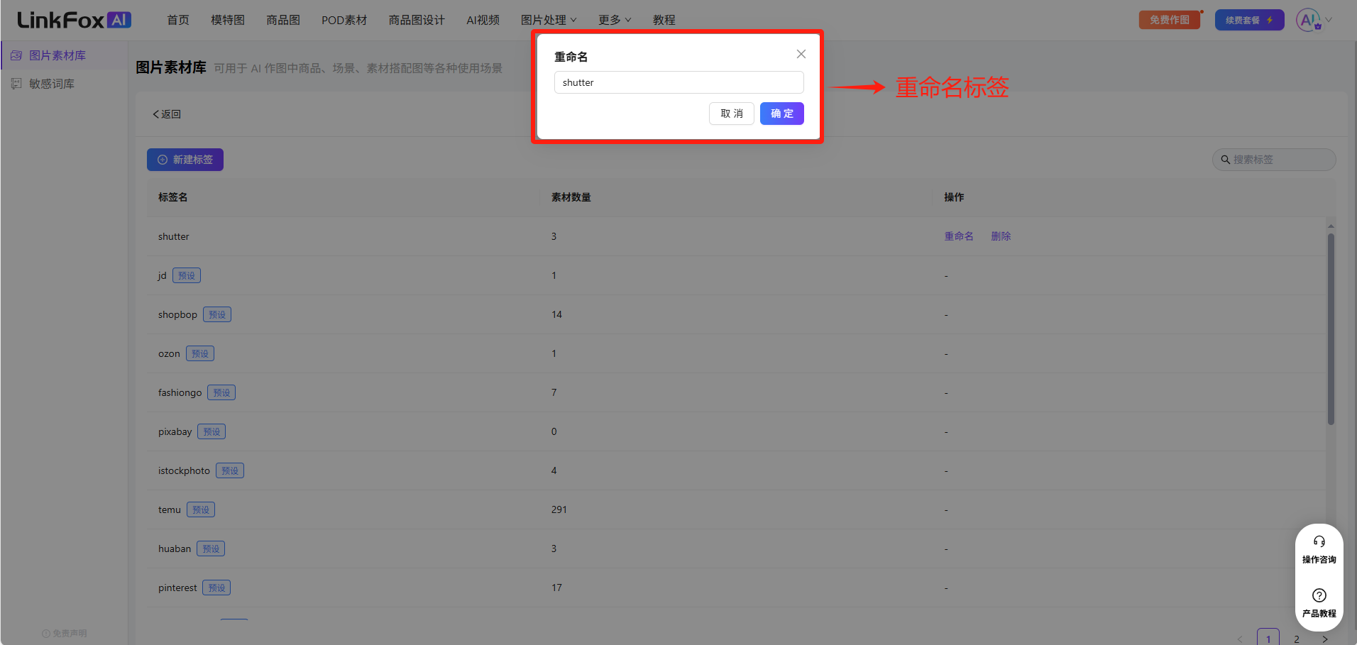 图片展示的是LinkFoxAI平台中图片素材库的标签管理界面。画面中有一个红色框突出显示的“重命名”输入框，内有“shutter”字样，框内有“取消”和“重命名”按钮。右侧有红色箭头指向“重命名”按钮，旁边标注“重命名标签”。该图片与上下文紧密相关，上下文介绍了在素材库中点击右上角“标签管理”后，支持对标签进行重命名、删除和新建等操作，此图直观呈现了重命名标签的操作位置和界面情况。