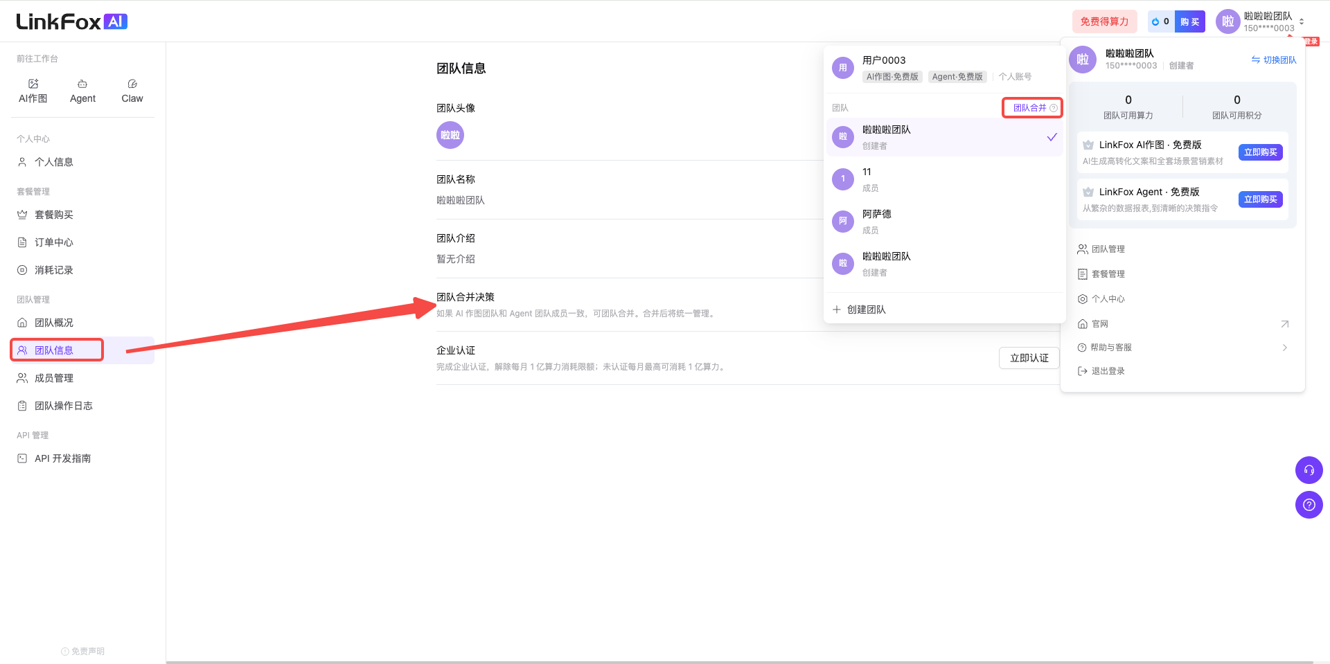 图片展示了LinkFox AI平台中团队管理界面。左侧为功能导航栏，选中“团队管理”。右侧是团队信息板块，显示团队 自动生成